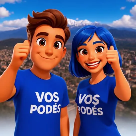 Poderino y Poderina con el pulgar arriba frente a los cerros de Jujuy